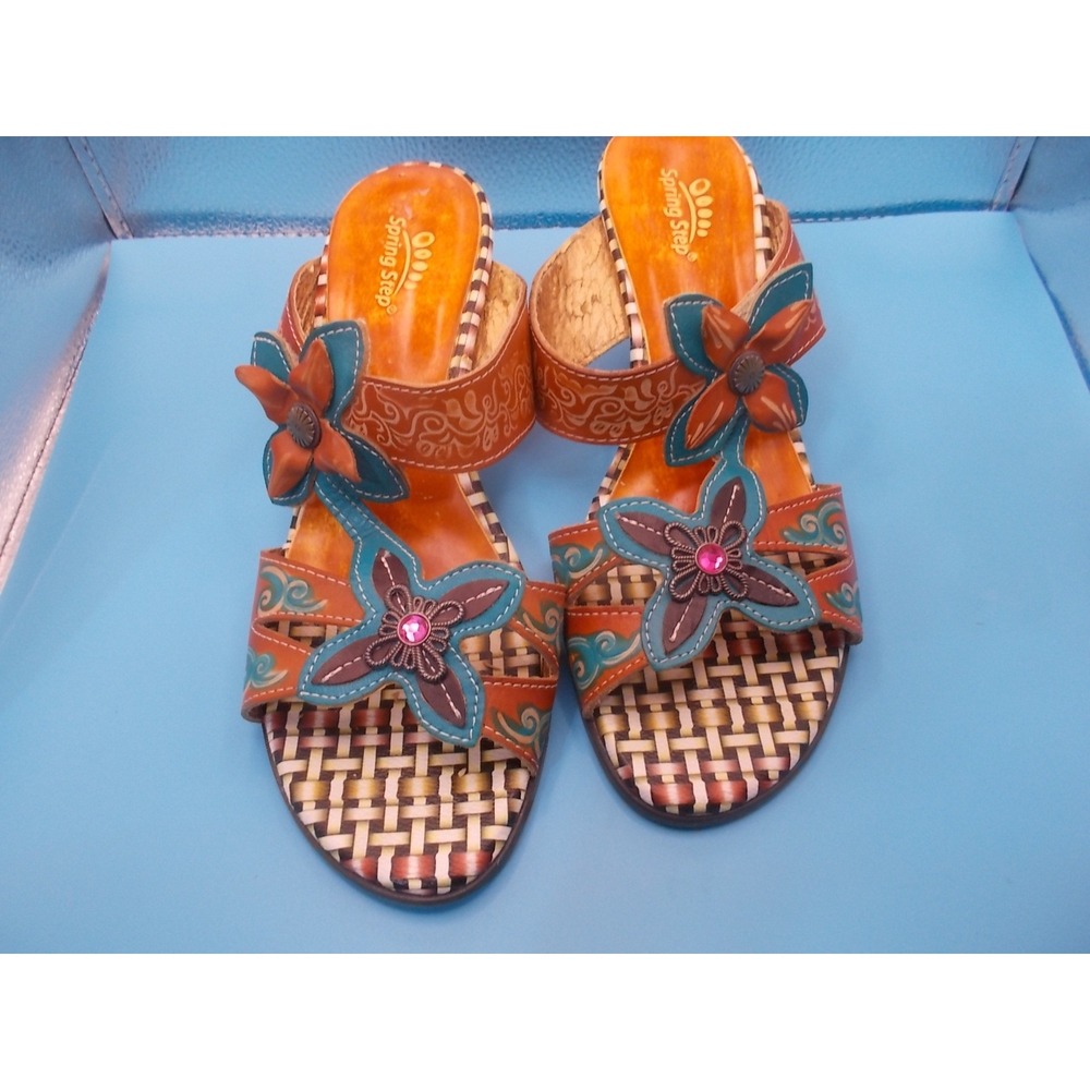 Spring Step Womens Floral Leather Wedge Sandals Tan Blue Boho Slides Size 40